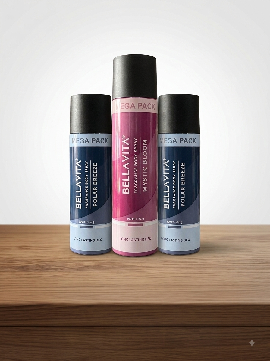 BELLAVITA Body Spray Combo Pack (Pack of 3) - 2x Polar Breeze & 1x Mystic Bloom | Mega Pack Long-Lasting Deodorant Spray for Men & Women