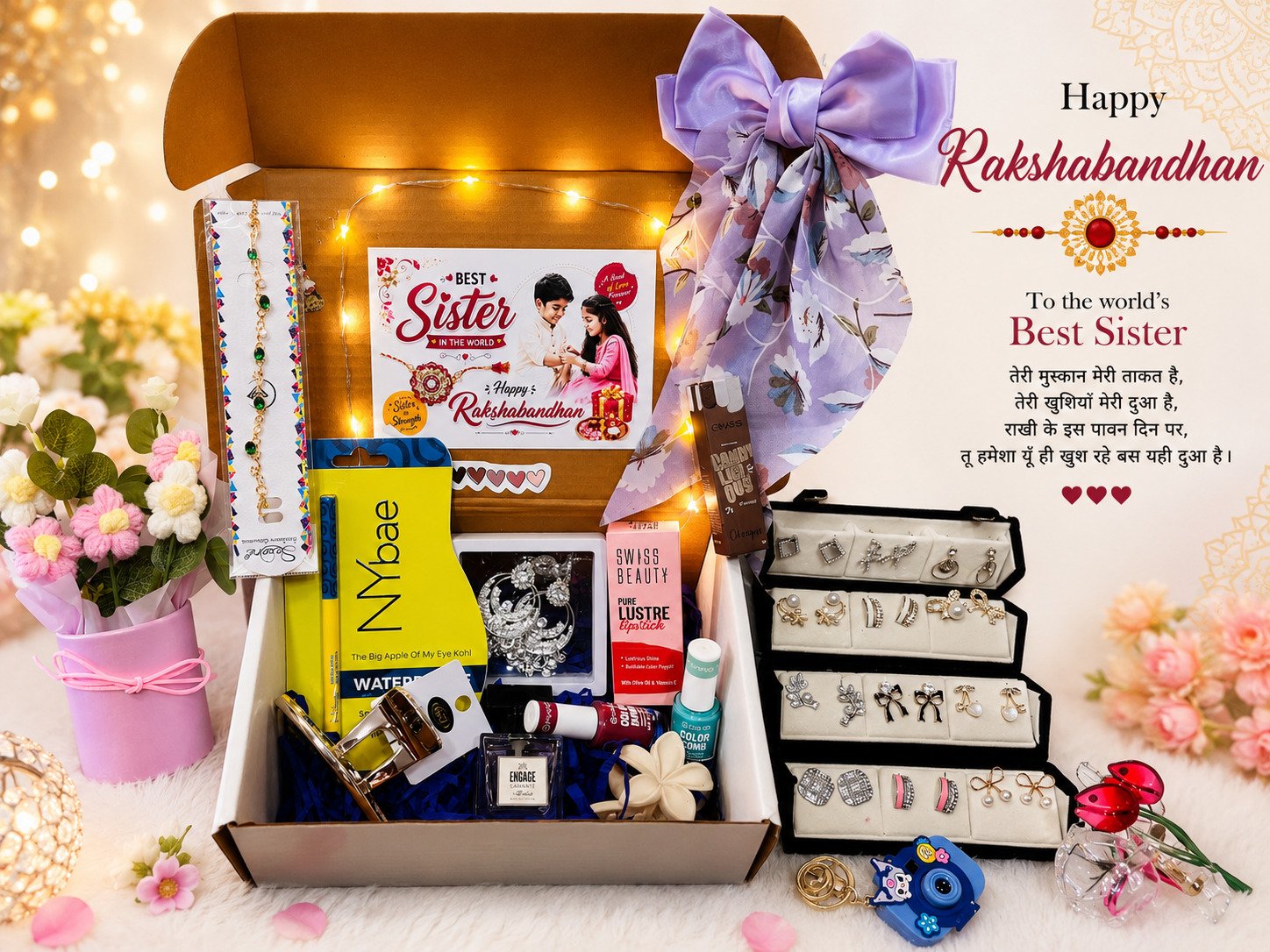 Raksha Bandhan Designer Earrings Box, Gift Hamper & Beautiful Bouquet Combo
