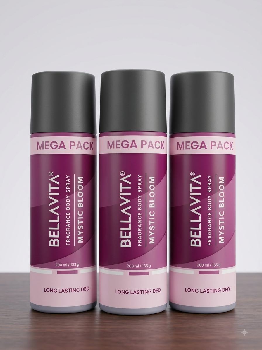 BELLAVITA Mystic Bloom Fragrance Body Spray - Mega Pack (Pack of 3 x 200ml / 133g) | Long Lasting Deodorant Spray for Men & Women
