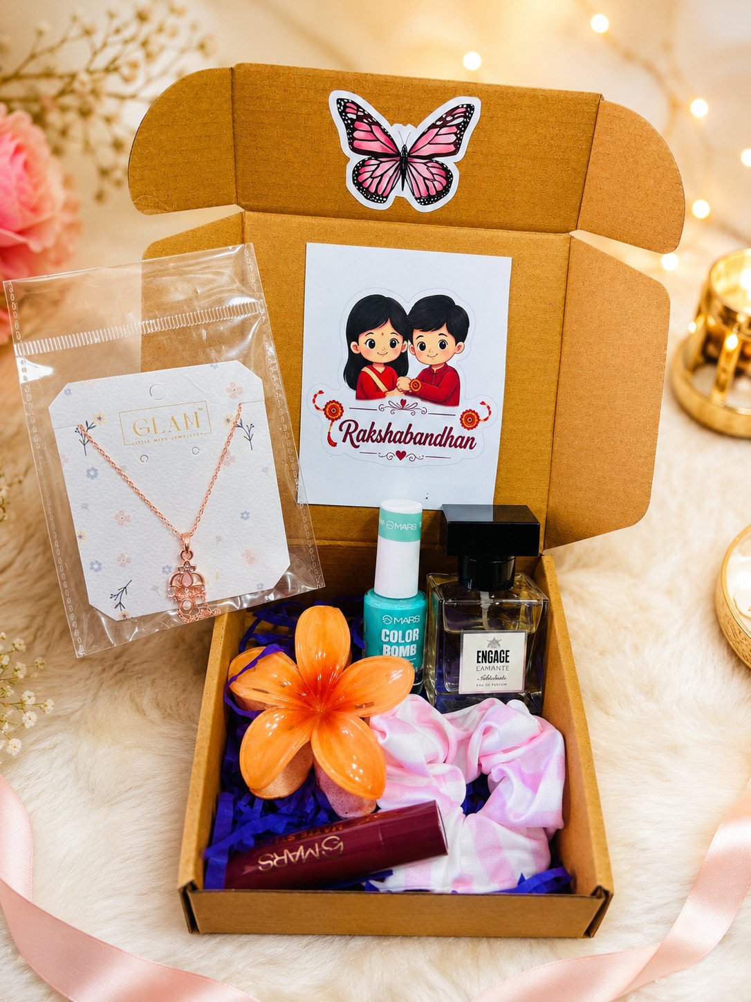 Rakshabandhan Special Aesthetic Gift Hamper for Sister – Jewellery & Makeup Combo